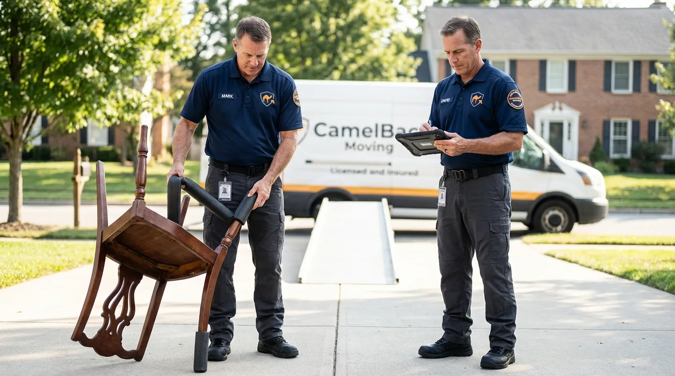 Movers inspecting furniture for damage prevention before loading in Spring Creek, NV